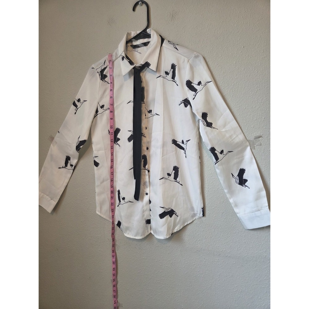 White Bird Print Bow Tie Neck Collared Long Sleeve Button-Up Blouse M - Picture 9 of 10